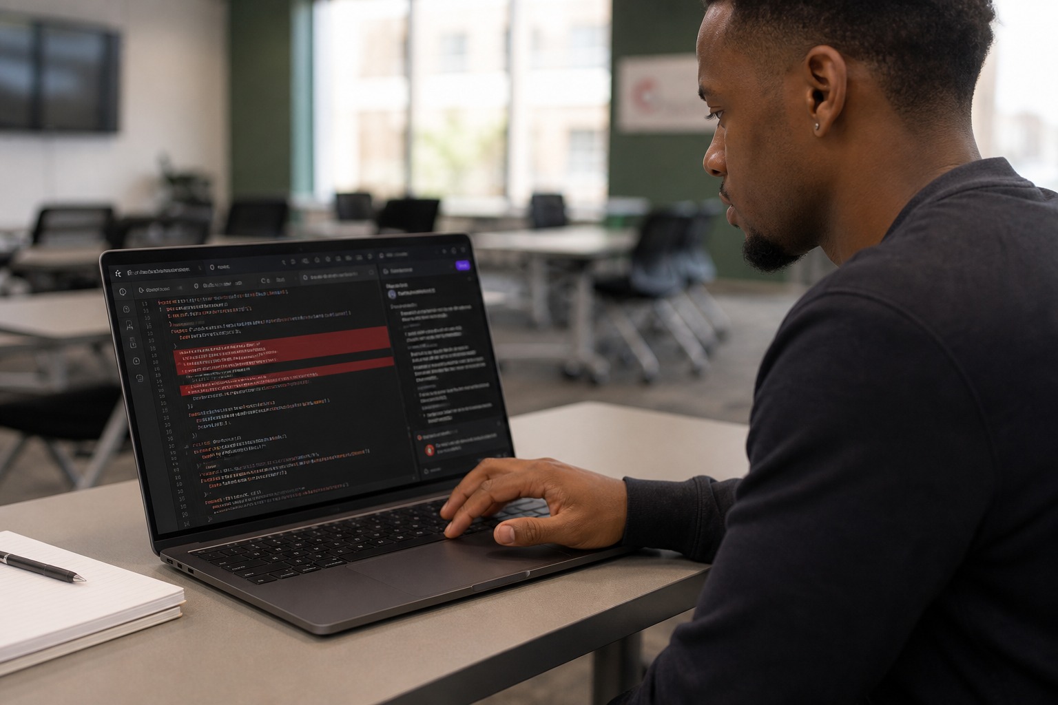 A builder reviewing AI-generated code changes during a training engagement
