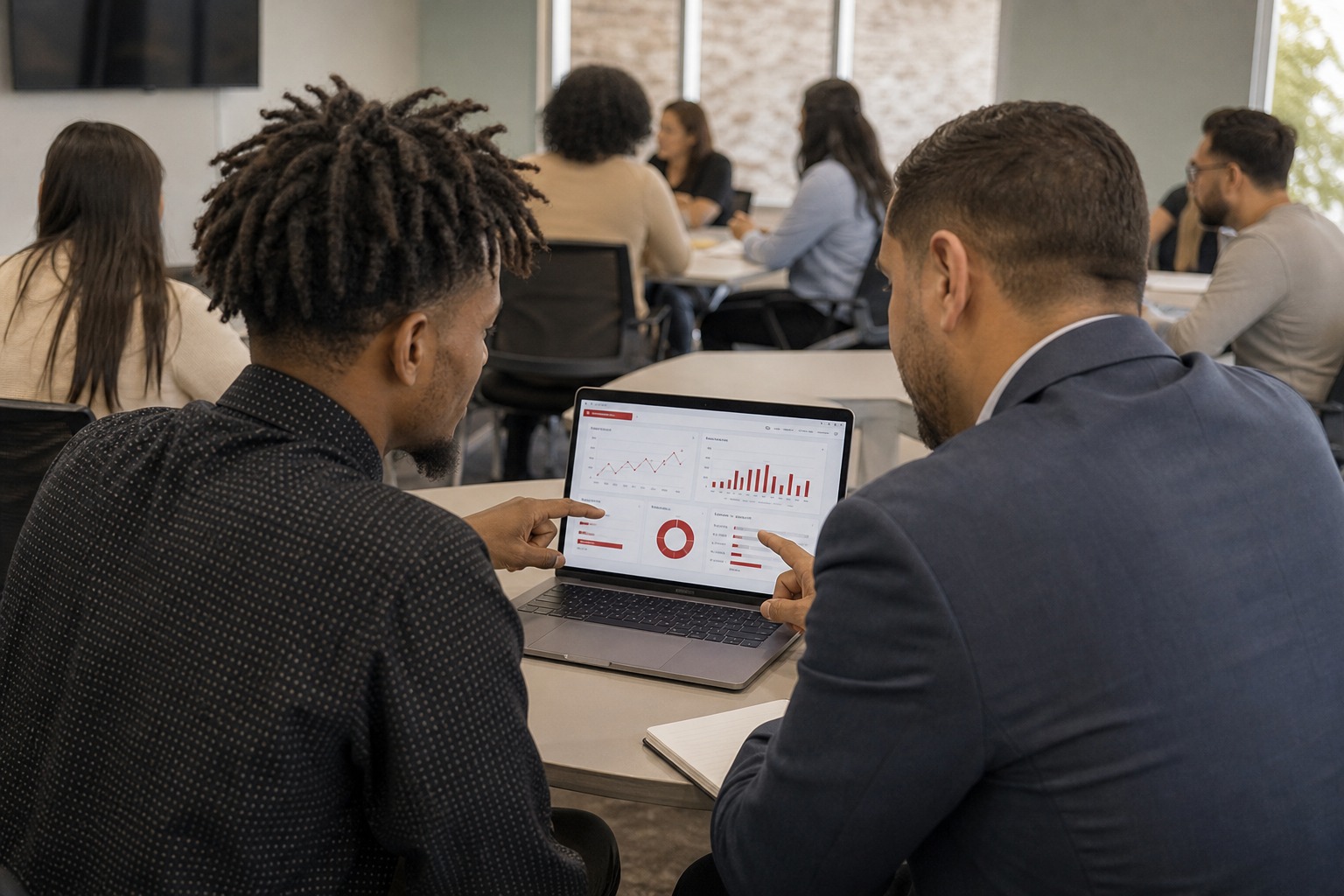 A builder and a local business owner reviewing an internal dashboard built during a requested AutoNateAI training engagement