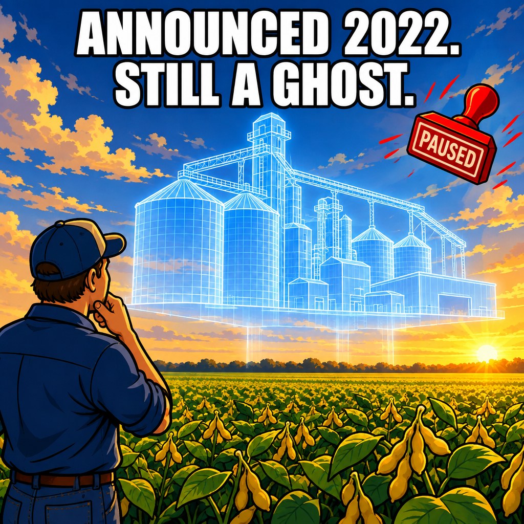 A soybean field at golden hour with a large translucent architectural blueprint of a grain-processing plant hovering ghostlike over an empty field, a small red PAUSED stamp floating in the corner