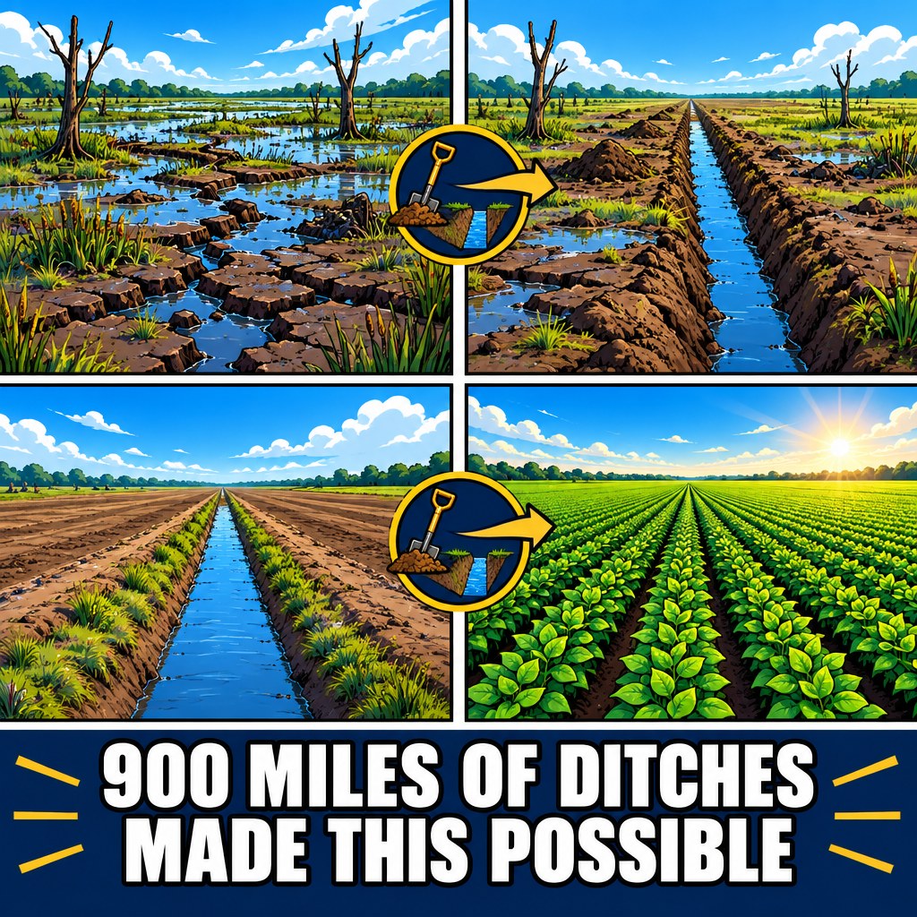 A 1811 New Madrid earthquake-era swamp scene morphs left to right, in a stop-motion filmstrip style, into a modern flat green soybean field, the final frame labeled 900+ MILES OF DITCHES LATER