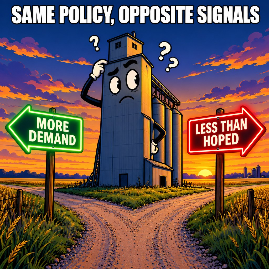 A grain elevator silhouette at dusk with two glowing government-issue road signs pointing in opposite directions, one reading MORE DEMAND (2026 RFS) and the other reading LESS THAN EXPECTED (2023 RFS)