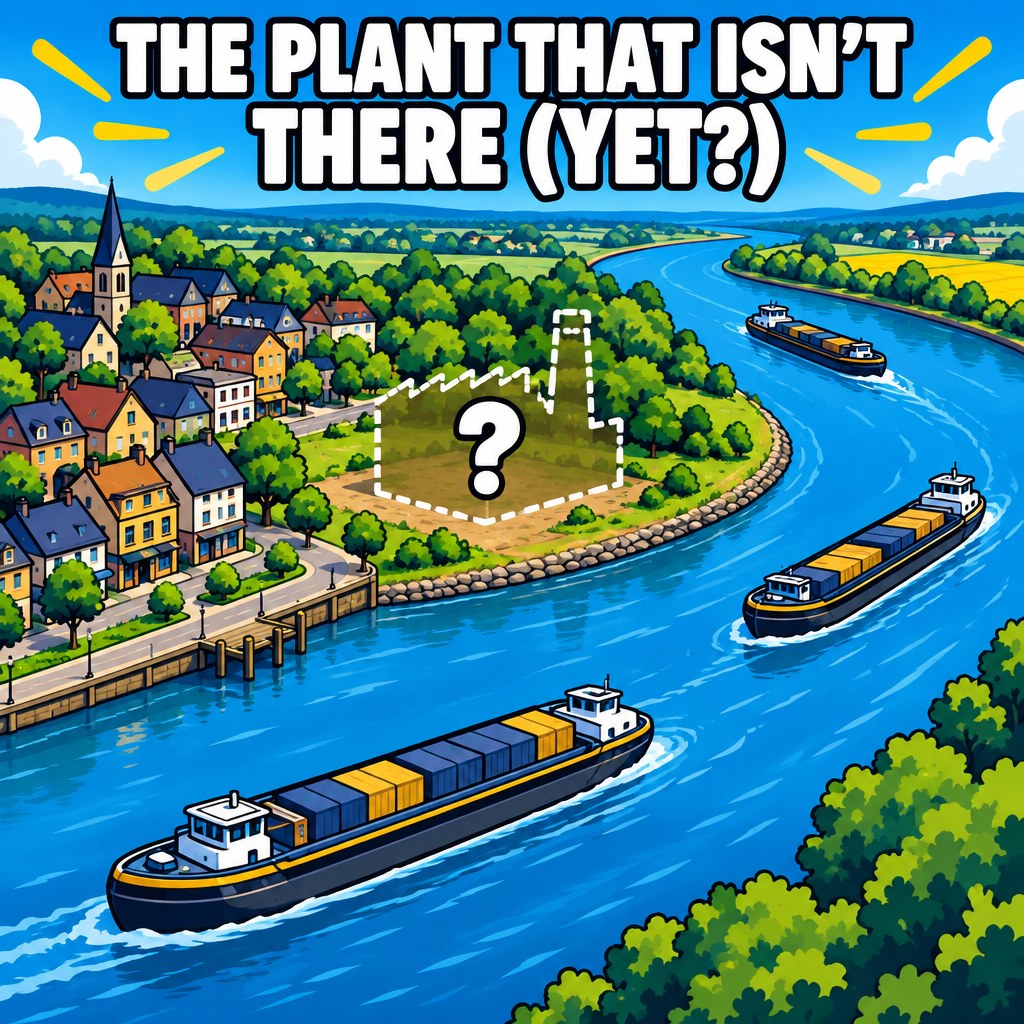 An aerial-style illustrated map of the Mississippi River bending past Caruthersville, with a small dotted-line icon of a factory labeled QUESTION MARK sitting on the Missouri riverbank, barges passing by unaffected
