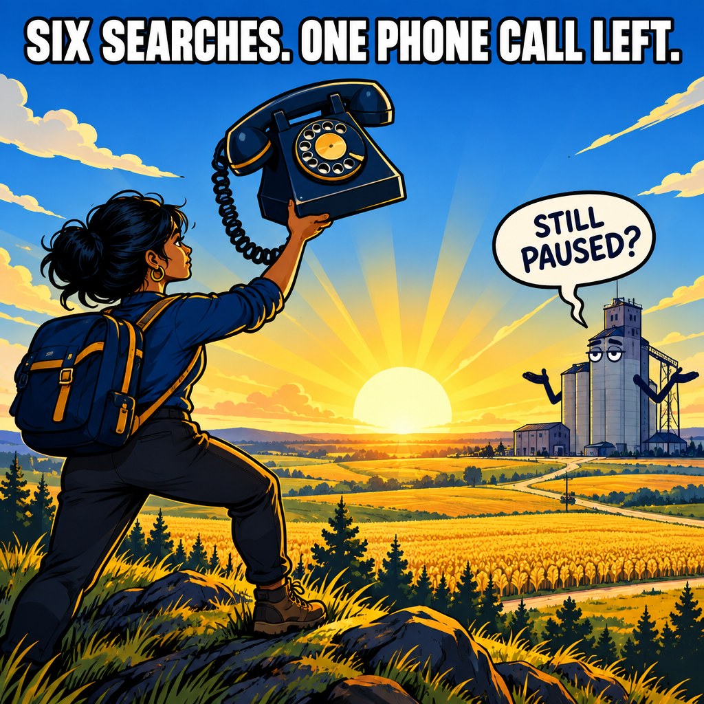 A determined researcher in silhouette holds up an old rotary phone toward a distant grain elevator lit by sunrise, a speech bubble above the elevator reading Still Paused?