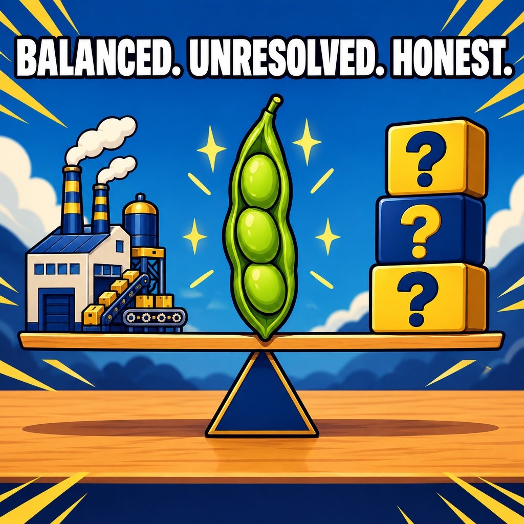 A single soybean pod balanced on a fulcrum like a tiny seesaw, with a miniature factory model on one side and a stack of question-mark blocks on the other, perfectly balanced