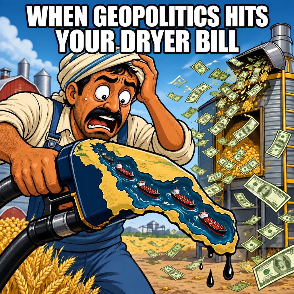 A worried farmer stares at a gas pump shaped like the Strait of Hormuz while dollar bills fly out of a grain dryer behind him
