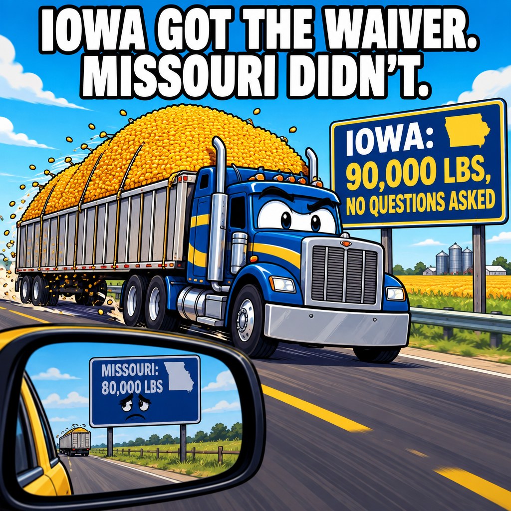 A grain truck loaded well past its weight sign drives past a highway sign reading "Iowa: 90,000 lbs, no questions asked" while a Missouri sign in the distance still says the old limit