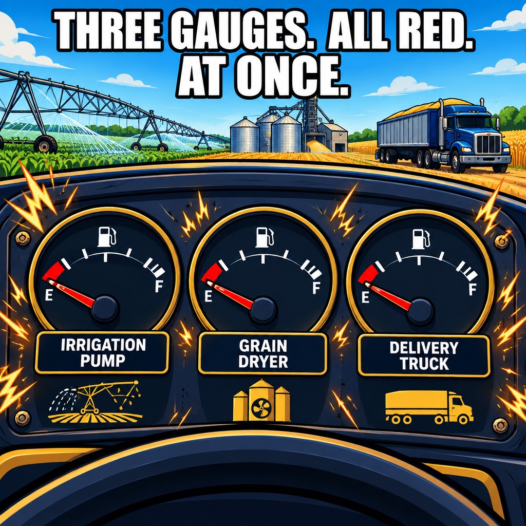 A single Bootheel farm shown as three separate fuel gauges — one for the irrigation pump, one for the dryer, one for the grain truck — all three needles pinned in the red at the same time