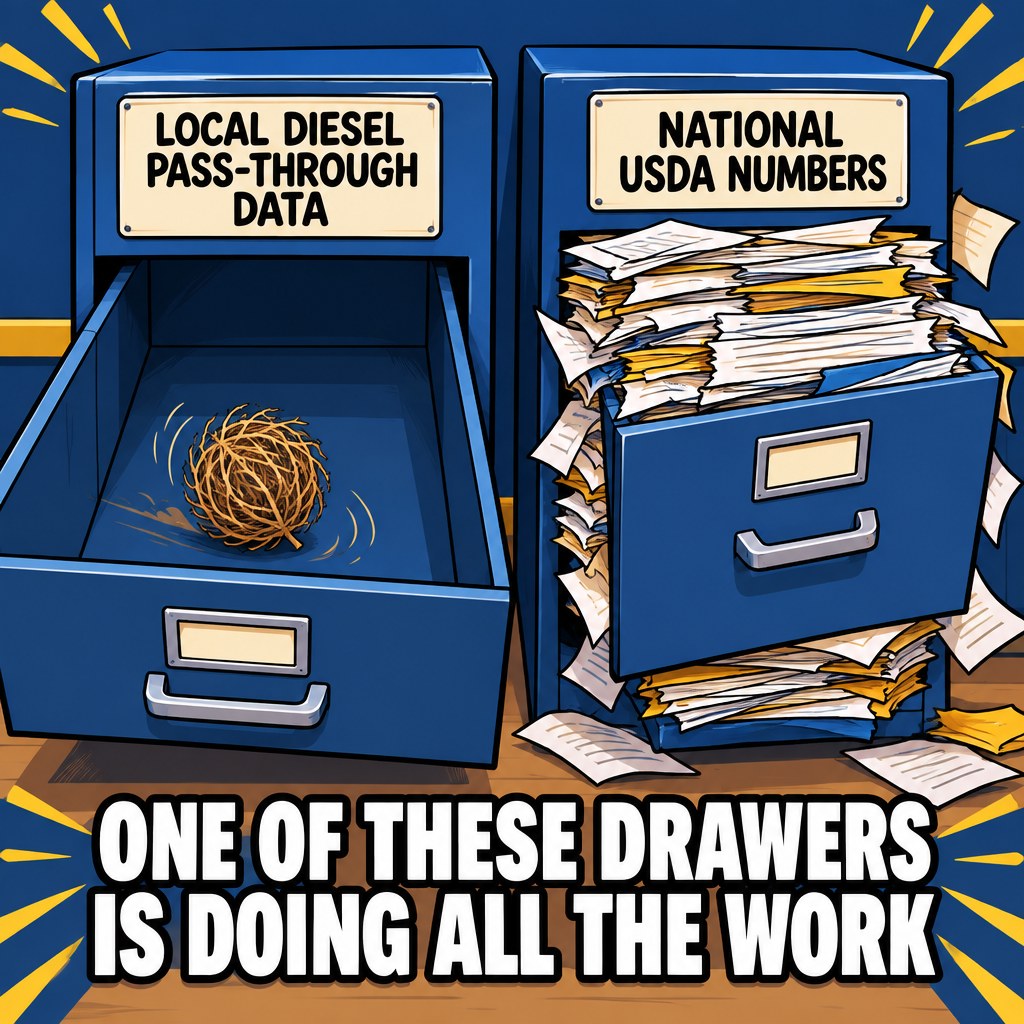 A filing cabinet drawer labeled "LOCAL DIESEL PASS-THROUGH DATA" sits completely empty except for a single tumbleweed, while a drawer next to it labeled "NATIONAL USDA NUMBERS" overflows with paper