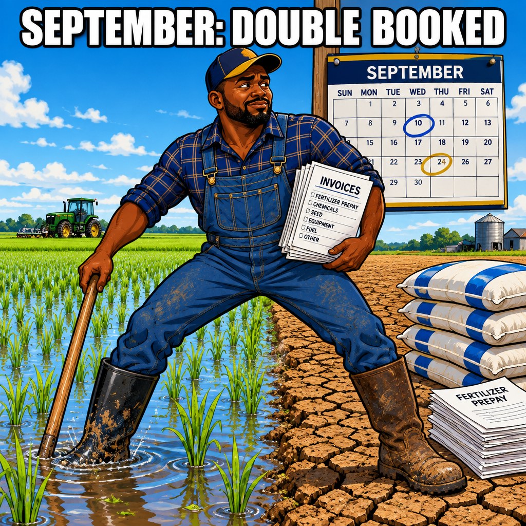A Bootheel farmer stands with one boot in a flooded rice paddy and one boot on dry fertilizer-prepay ground, a calendar behind him with September circled twice in two different colors, captioned "SEPTEMBER: DOUBLE BOOKED"