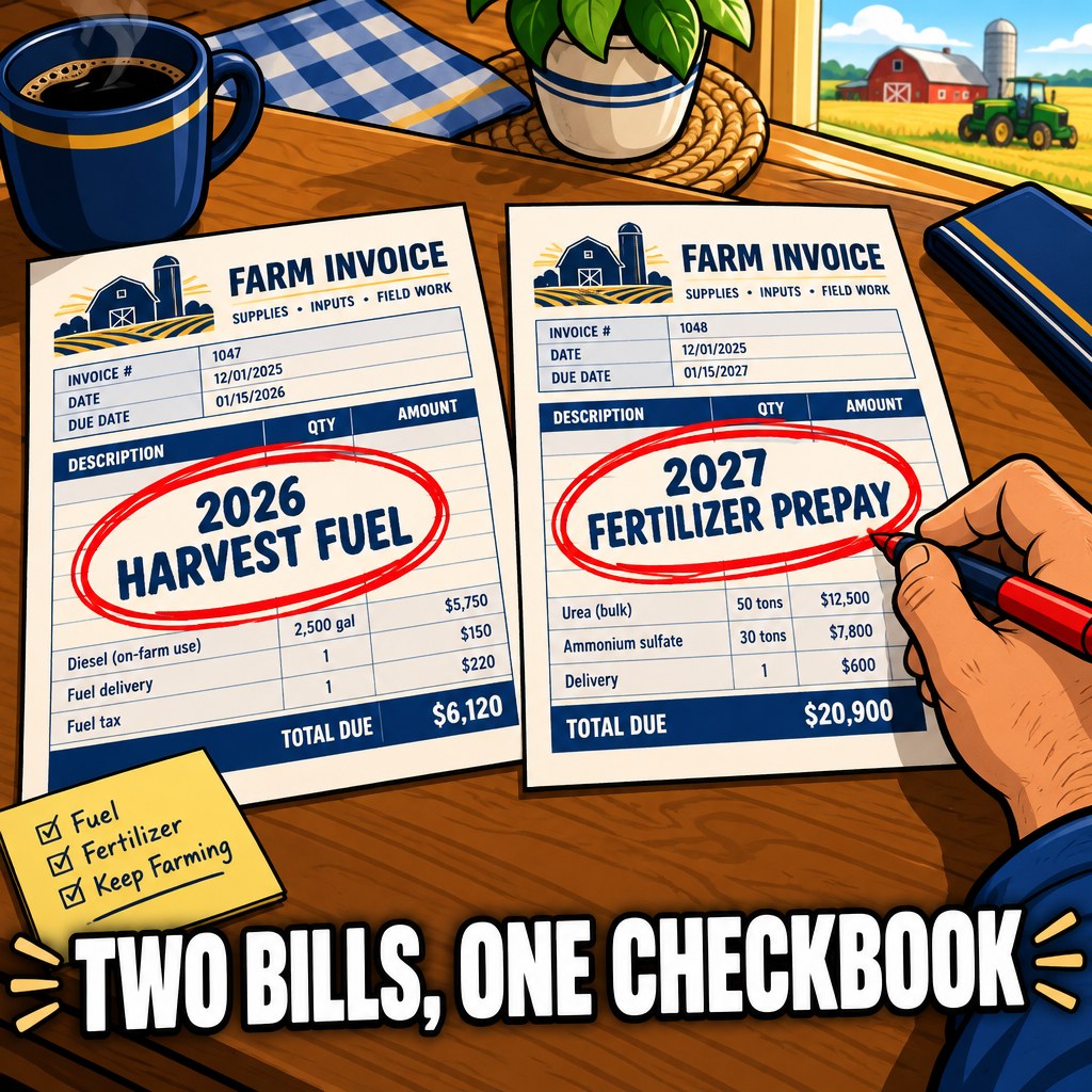 Two identical-looking farm invoices sit side by side on a kitchen table, one stamped "2026 HARVEST FUEL" and one stamped "2027 FERTILIZER PREPAY," both circled in red pen by the same tired hand, captioned "TWO BILLS, ONE CHECKBOOK"
