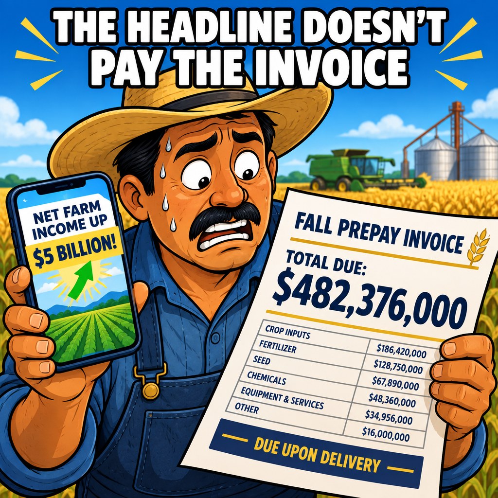 A farmer holds a phone showing a headline "NET FARM INCOME UP $5 BILLION!" in one hand while staring at a fall prepay invoice with a much bigger, much more immediate number in the other, captioned "THE HEADLINE DOESN'T PAY THE INVOICE"
