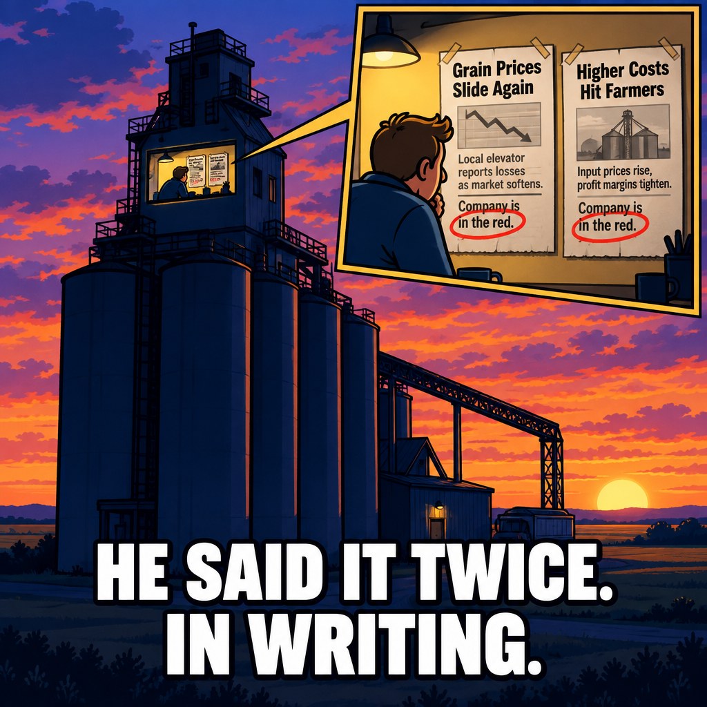 A grain elevator silhouette at dusk with a single lit office window, inside which a tiny figure re-reads the same two printed news quotes taped to the wall, red pen circling "in the red" twice, captioned "HE SAID IT TWICE. IN WRITING."