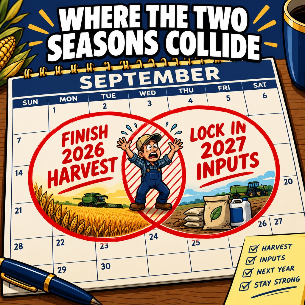 A calendar page for September with two overlapping circles — one labeled "FINISH 2026 HARVEST," one labeled "LOCK IN 2027 INPUTS" — both circled by the same red pen, overlapping in the middle where a tiny stressed farmer stands, captioned "WHERE THE TWO SEASONS COLLIDE"