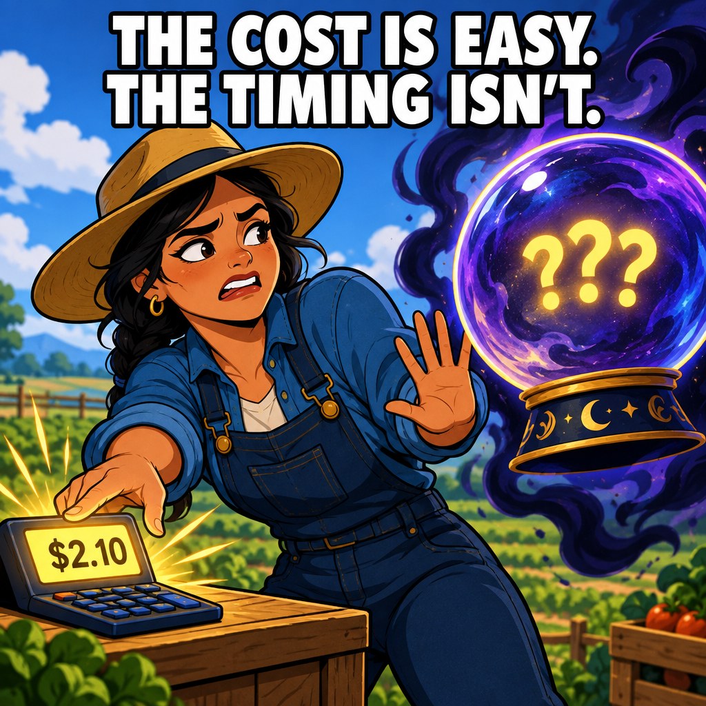 An animated farmer reaches confidently for a small calculator reading $2.10 while flinching away from a giant fortune-teller crystal ball labeled question marks