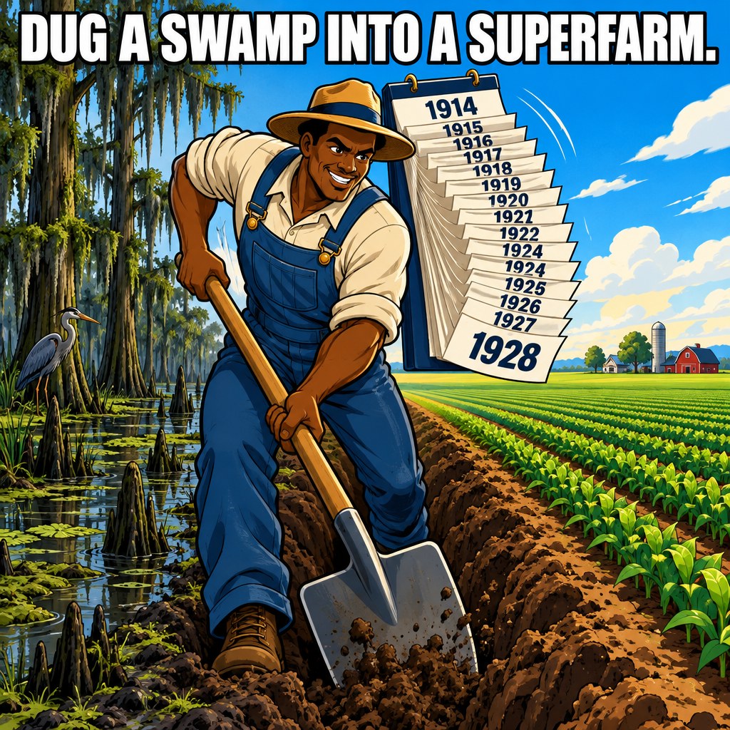 An animated farmer in old-timey overalls digs a ditch with a giant shovel as a calendar flips from 1914 to 1928, a swamp turning into flat farmland beside him