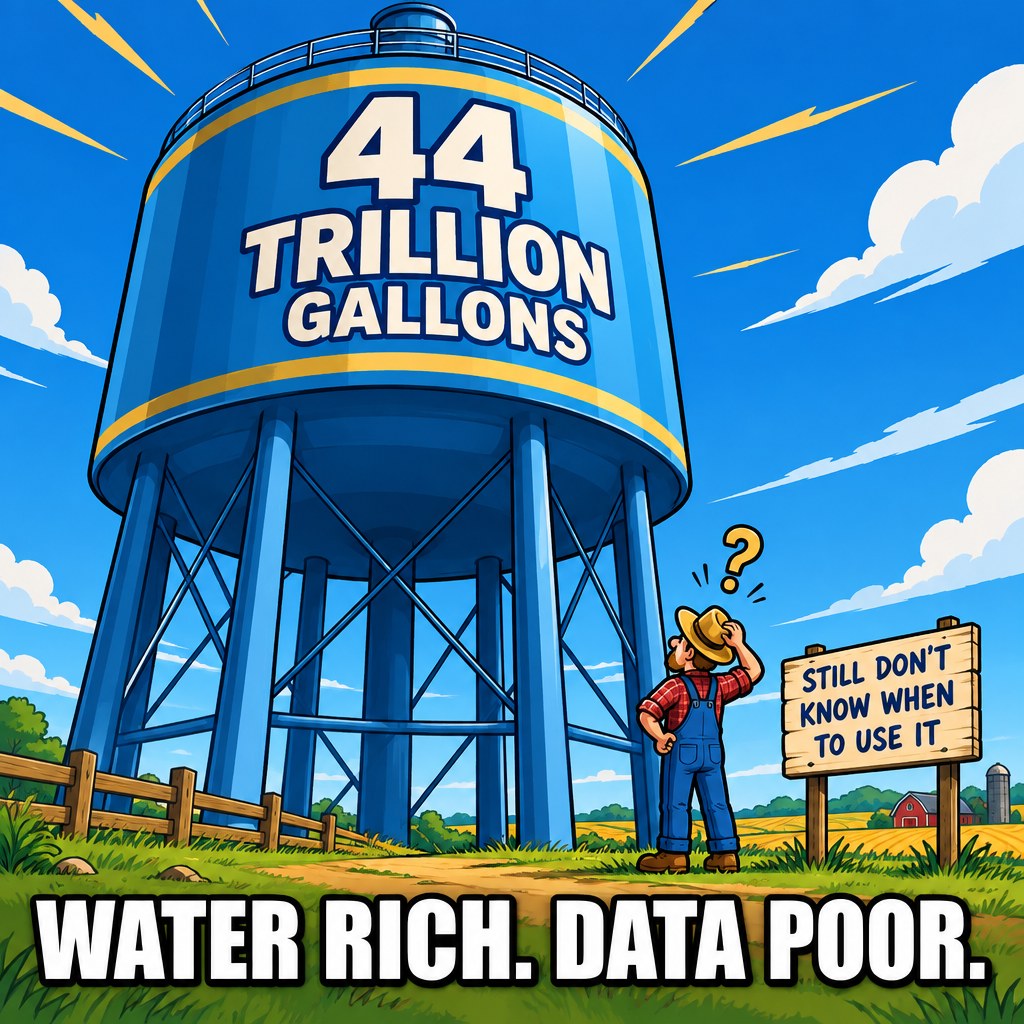A giant water tower labeled 44 trillion gallons towers over a tiny confused farmer next to a sign reading still don't know when to use it