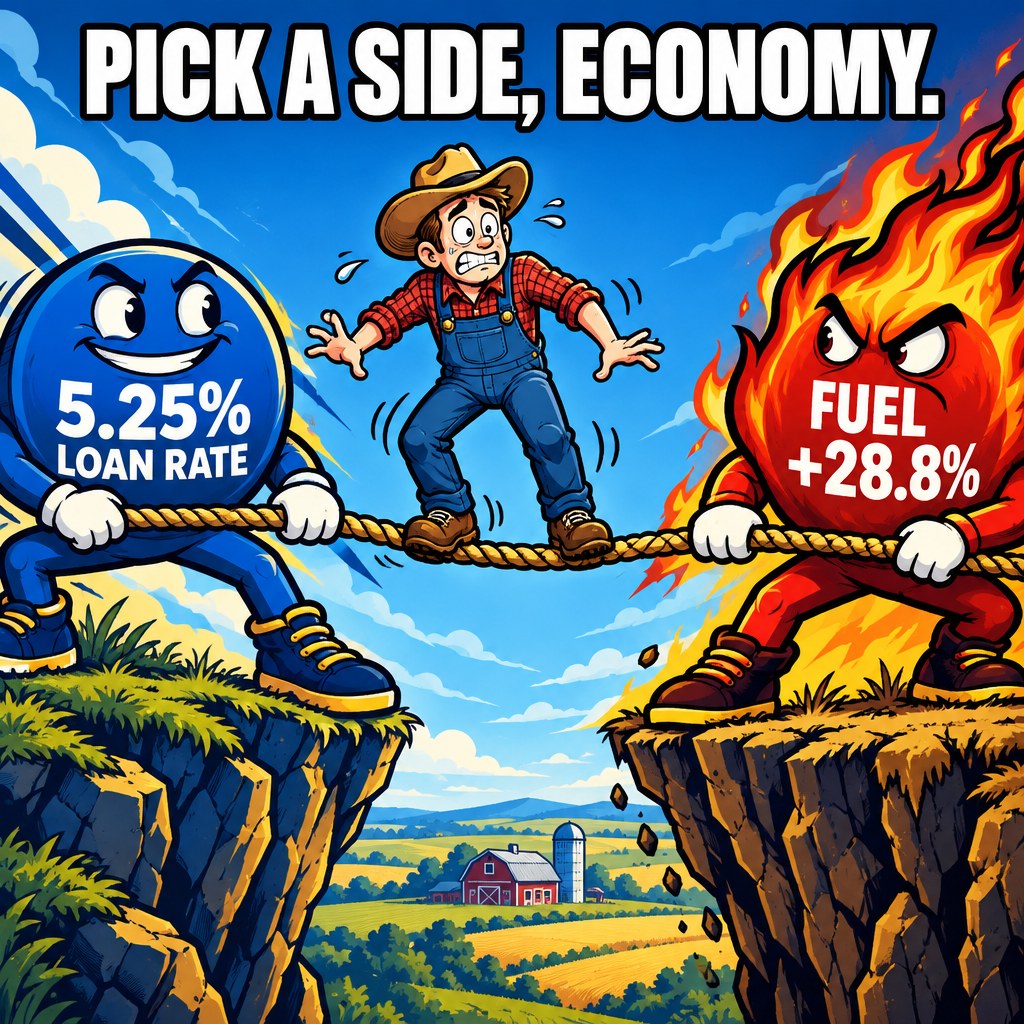 A tug of war rope between a mascot labeled 5.25 percent loan rate and a fiery mascot labeled fuel up 28.8 percent, a nervous farmer wobbling on the rope in the middle