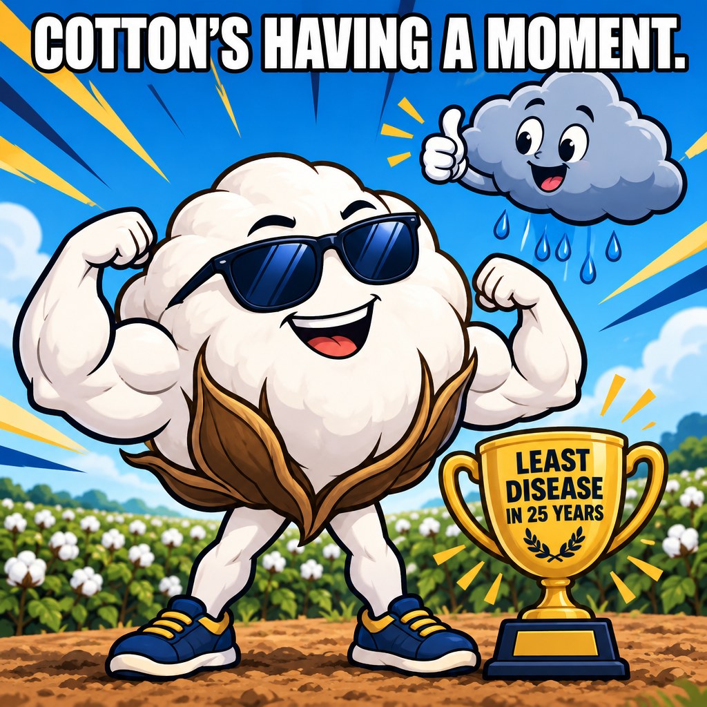 An anthropomorphic cotton boll flexing muscles and wearing sunglasses stands next to a trophy labeled least disease in 25 years while a rain cloud gives a thumbs up