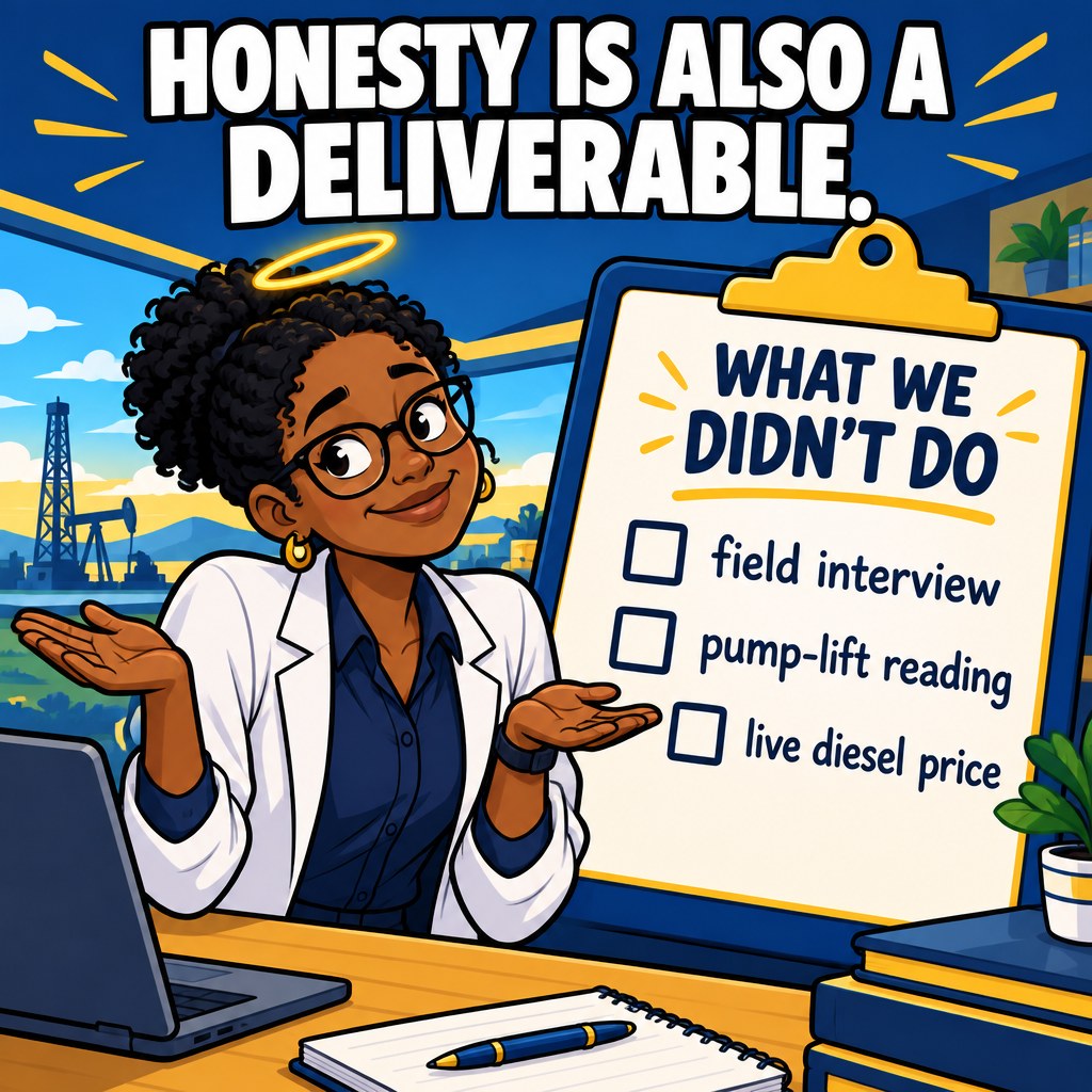 A researcher with a halo shrugs next to a giant clipboard titled what we didn't do, listing unchecked boxes for field interview, pump-lift reading, and live diesel price