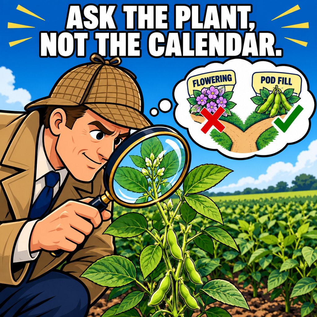 A detective farmer holds a giant magnifying glass up to a single soybean plant, a thought bubble showing flowering crossed out in red and pod fill checked in green