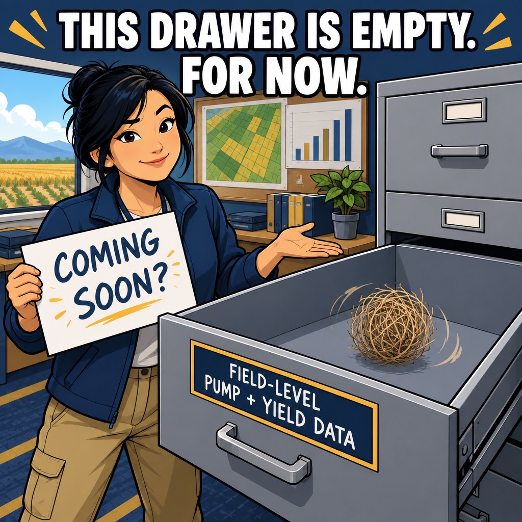 A researcher stands next to a completely empty filing cabinet drawer with a single tumbleweed, the drawer labeled field-level pump and yield data, holding a sign reading coming soon