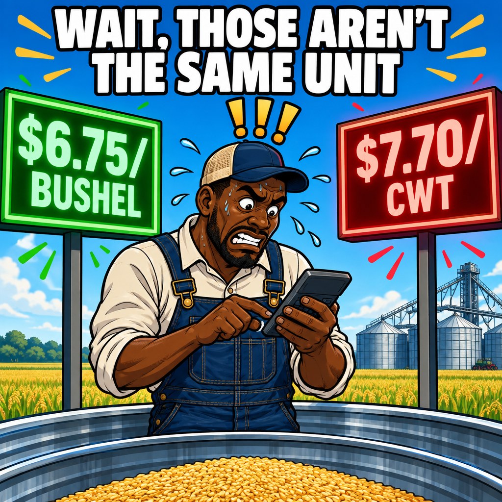 A farmer frantically does math on a calculator between a green $6.75/bushel sign and a red $7.70/cwt sign