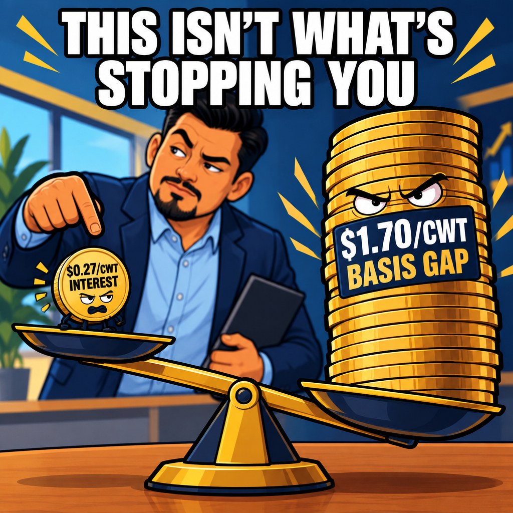 A tiny coin labeled interest cost sits next to a towering stack of coins labeled basis gap on a wildly tipped balance scale