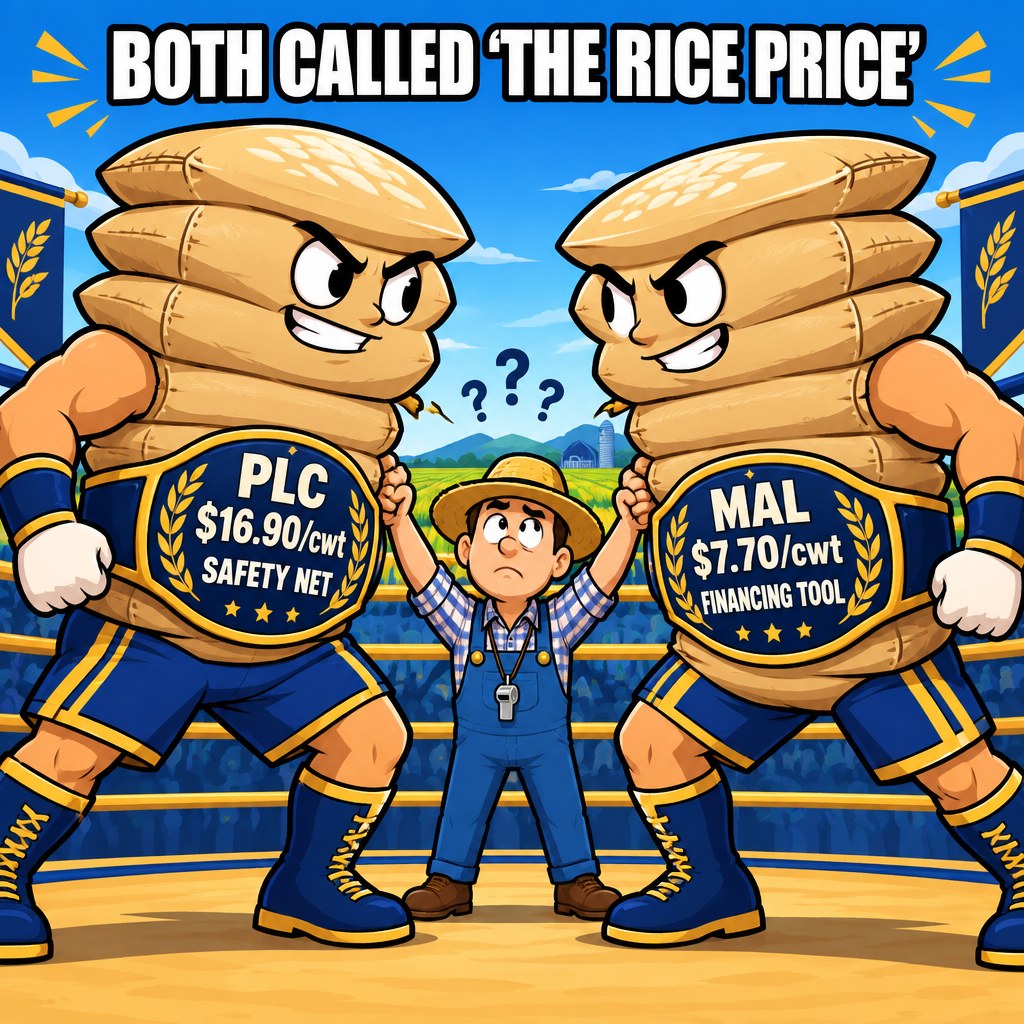 Two government-mascot wrestlers made of grain sacks, one belted PLC and one belted MAL, square off while a confused farmer referee holds up both their arms