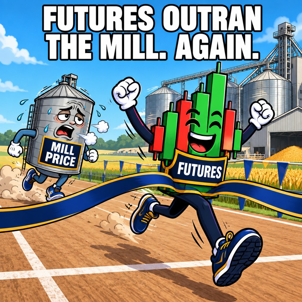 A sprinting stock-ticker-candlestick character labeled Futures celebrates crossing a finish line while a grain-silo character labeled Mill Price lags behind