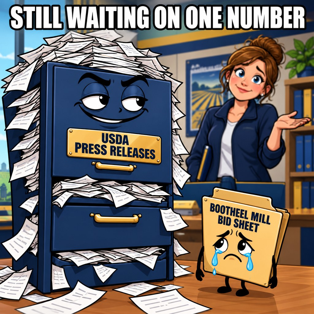 An overstuffed filing cabinet labeled USDA press releases sits next to one tiny crying empty folder labeled Bootheel mill bid sheet