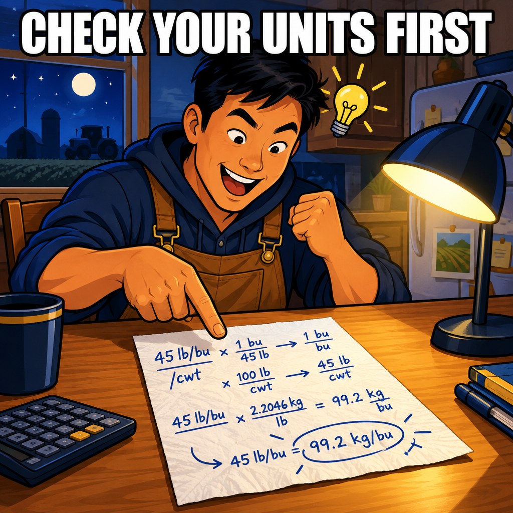 A farmer at a kitchen table has a lightbulb moment pointing at a napkin covered in bushel-to-hundredweight unit-conversion math