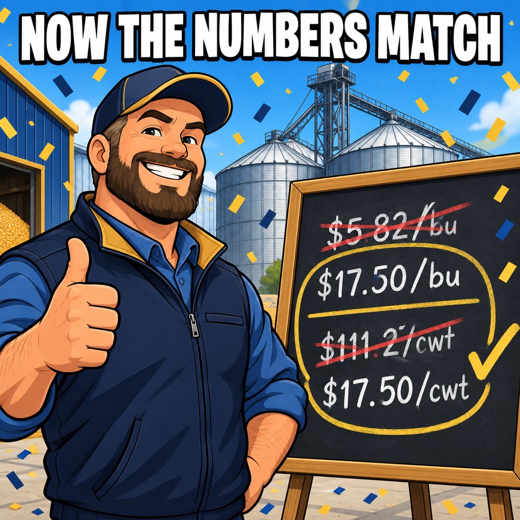 A grain elevator manager stands proudly in front of a chalkboard where a messy dollars-per-bushel line and a dollars-per-cwt line are now circled together with a check mark