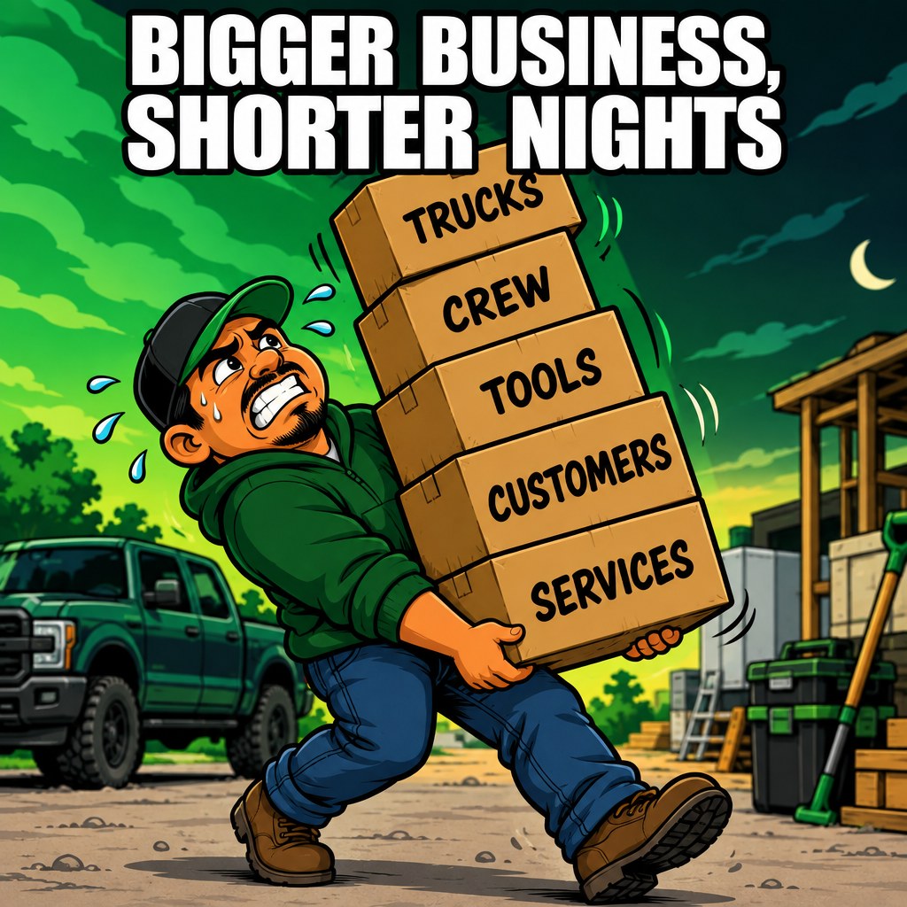 A cartoon contractor carrying a growing tower of boxes labeled trucks, crew, tools, and customers, wobbling as it gets taller