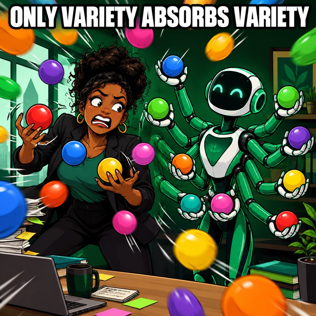 A cartoon juggler owner getting more and more balls thrown at her while a calm robot with many arms stands ready beside her