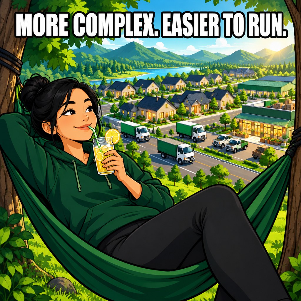 A cartoon owner relaxing in a hammock between two trees while a small glowing city of trucks and houses grows neatly behind her