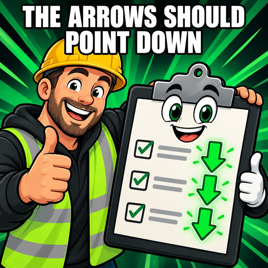 A cartoon clipboard checklist with three boxes, a friendly emerald arrow pointing down on each line instead of up