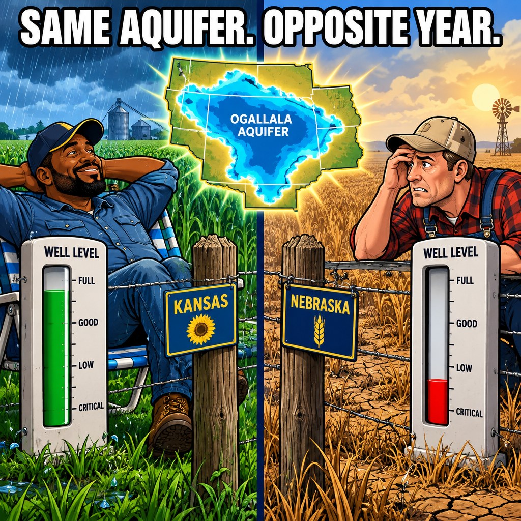 A two-panel farm scene: a Kansas farmer relaxes as rain fills a well gauge, while a Nebraska farmer across the state line watches the same gauge drop, both looking at the same map of the Ogallala aquifer