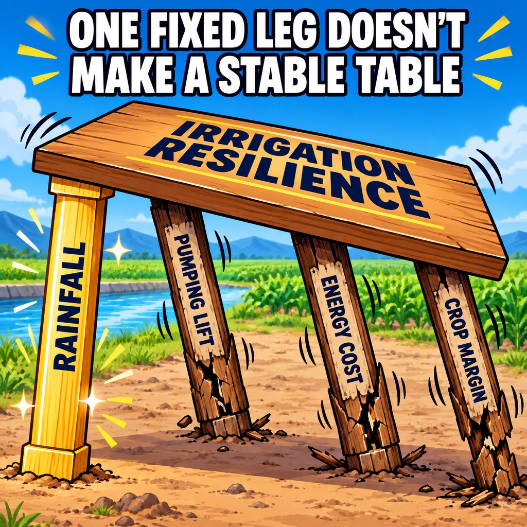 A four-legged table labeled "IRRIGATION RESILIENCE," with one leg (labeled "RAINFALL") freshly repaired and shiny, while the other three legs (PUMPING LIFT, ENERGY COST, CROP MARGIN) are still cracked and wobbly