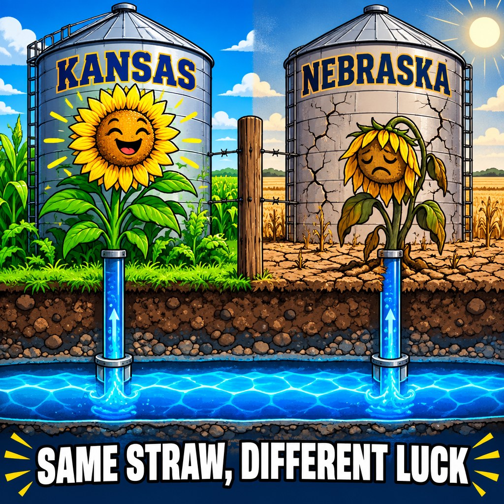 Two neighboring farm silos on either side of a state-line fence post, one labeled KANSAS glowing green and thriving, the other labeled NEBRASKA looking parched, both drawing from the same underground aquifer pipe