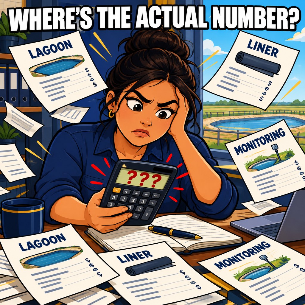 A farm bookkeeper stares at a calculator showing giant red question marks surrounded by invoices labeled lagoon, liner, and monitoring