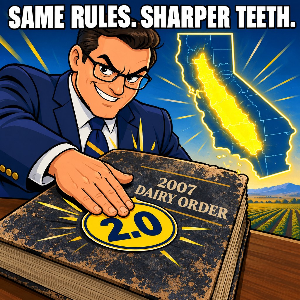 A state bureaucrat slaps a 2.0 sticker onto a dusty 2007 dairy order rulebook while a map of California glows neon over the Central Valley