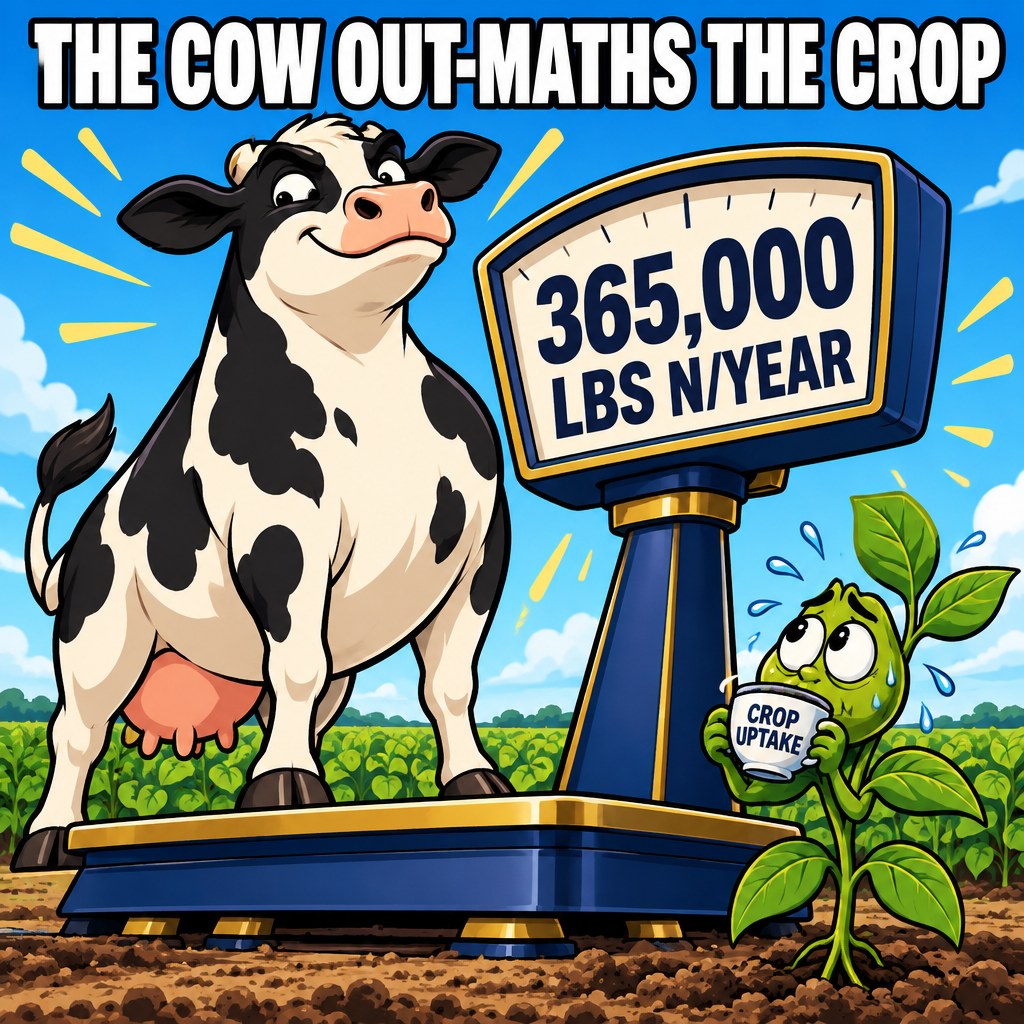 A cartoon dairy cow towers over a scale reading 365,000 pounds nitrogen per year while a tiny soybean plant sips from a small teacup labeled crop uptake