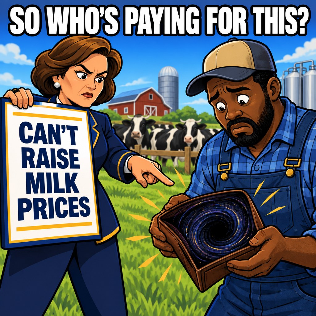 A regulator holds a sign reading can't raise milk prices while pointing at a worried farmer whose open wallet is drawn as a swirling black hole