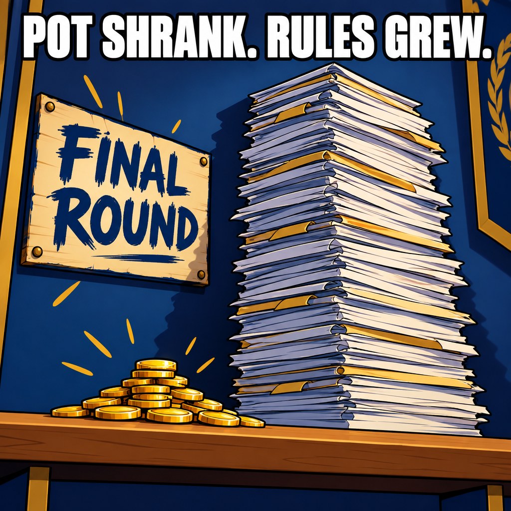 A shrinking pile of gold coins under a sign reading final round sits in the shadow of a much taller, still-growing stack of regulation paperwork