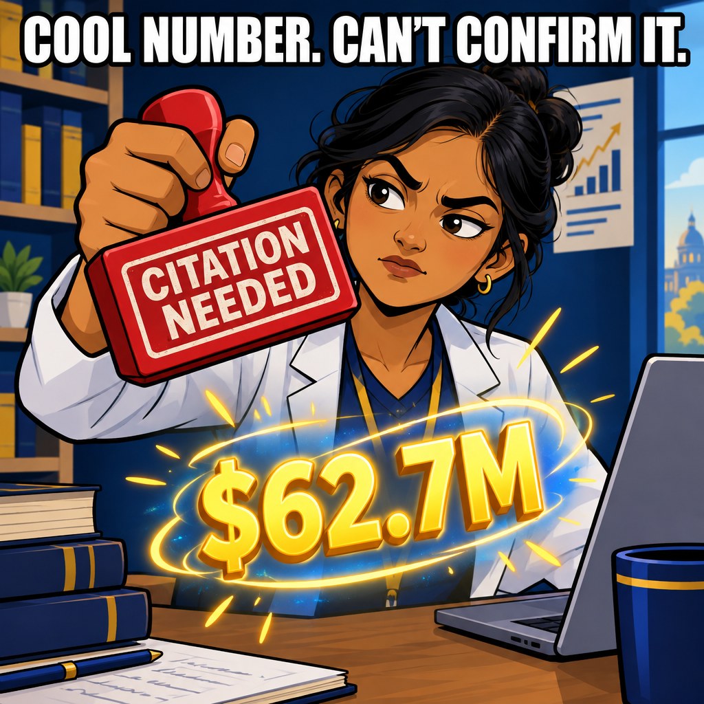 A researcher holds a red citation needed rubber stamp over a suspicious glowing floating dollar figure of 62.7 million, one eyebrow raised