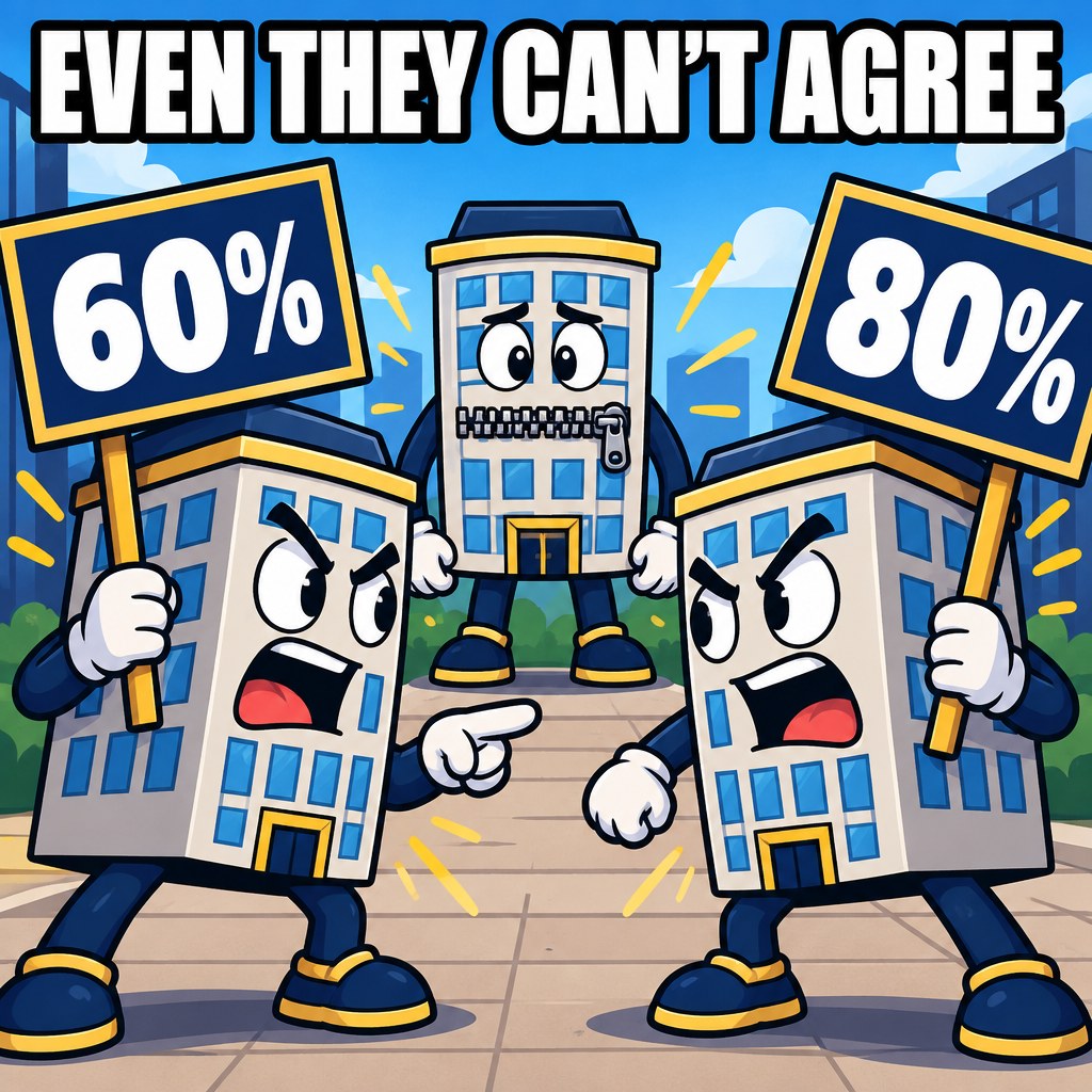 Two rival trade-association building mascots argue holding 60 percent and 80 percent signs while a third identical mascot stays silent with a zipped mouth