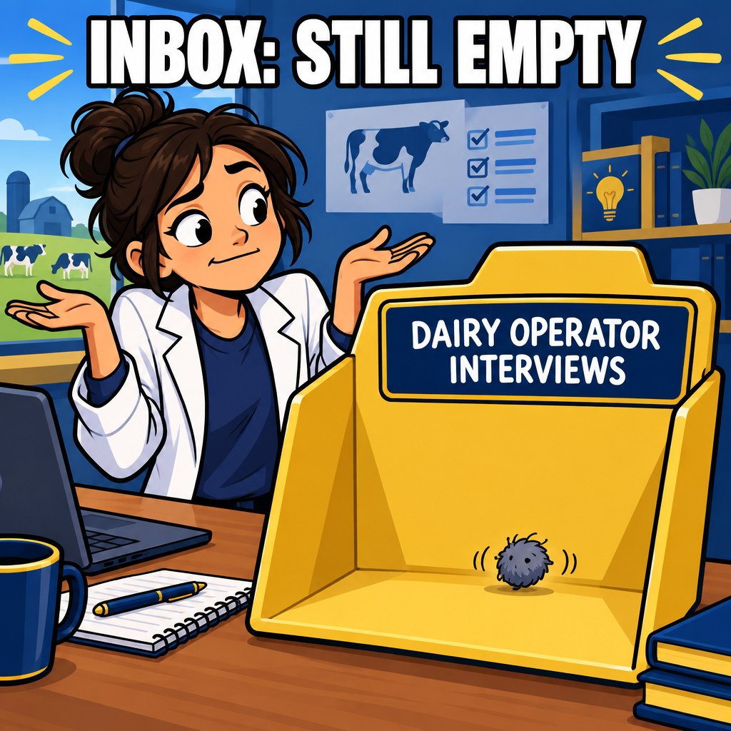 A researcher shrugs next to a completely empty inbox folder labeled dairy operator interviews with a single dust bunny rolling across the bottom