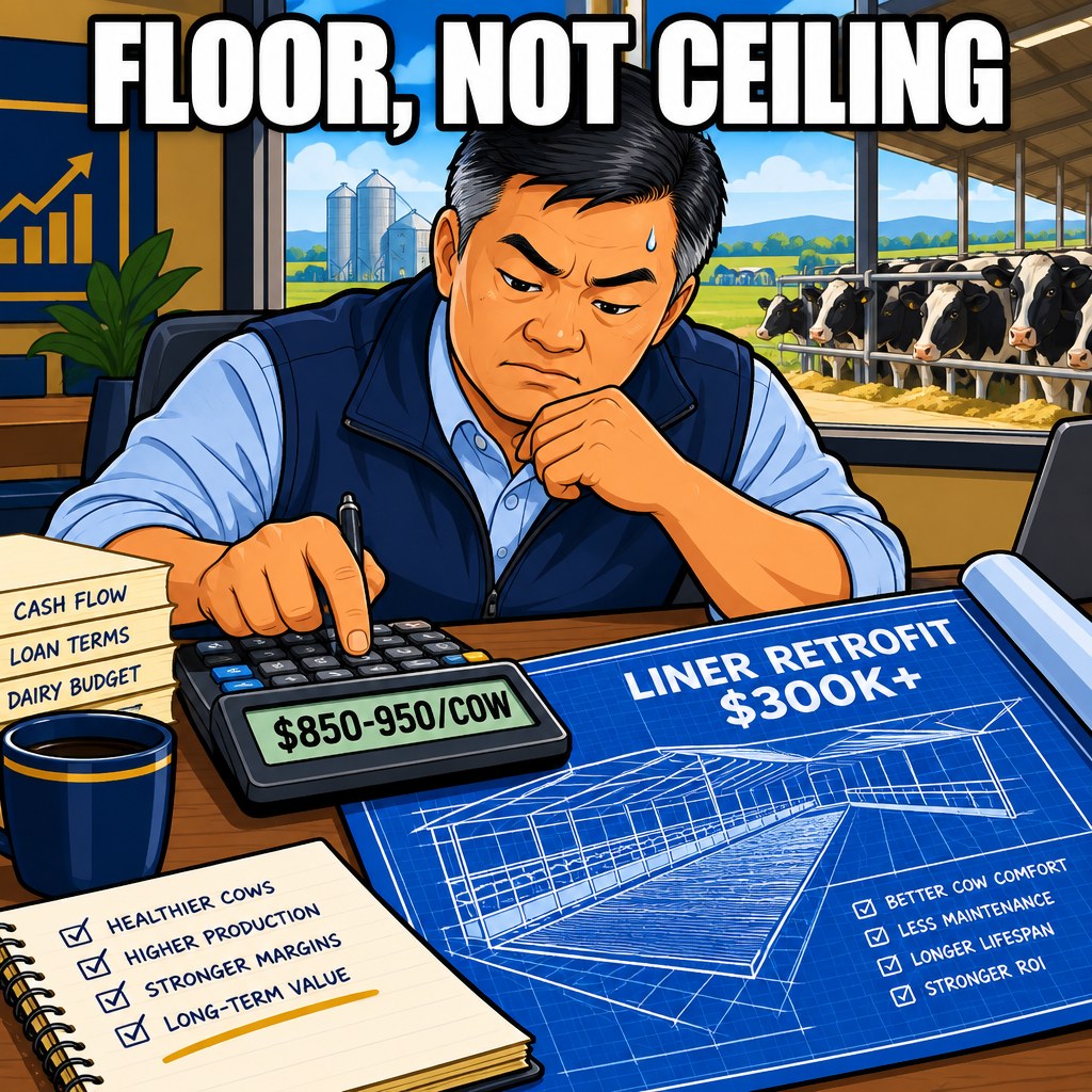 An ag lender sweats while punching numbers into a calculator reading 850 to 950 dollars per cow next to a blueprint labeled liner retrofit 300k plus