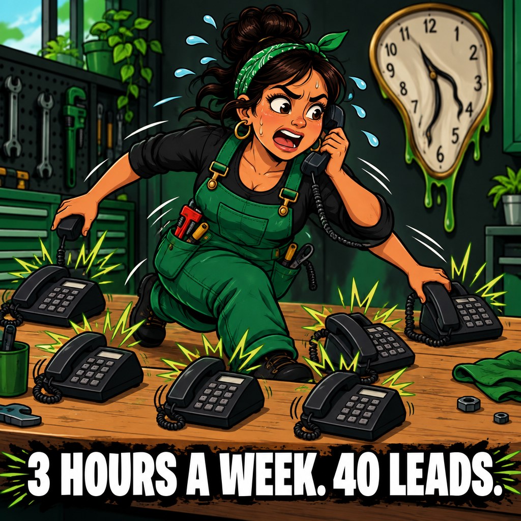 A cartoon plumber sprinting between six ringing phones while a clock melts