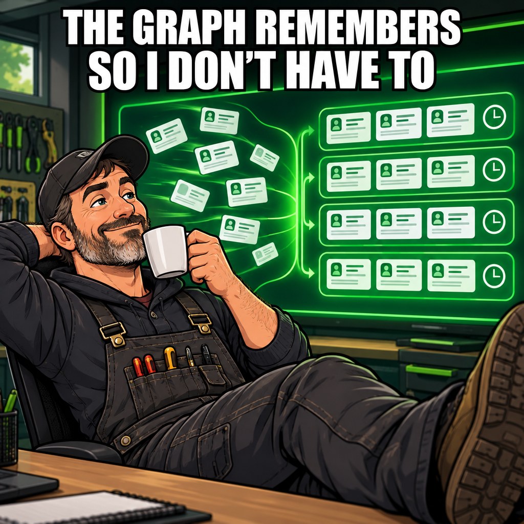 A calm contractor sipping coffee while a glowing emerald dashboard sorts leads into neat rows